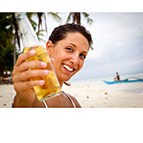   Young woman, Enjoyment & relaxation, Beer, Vacation, Cheers