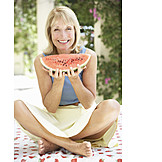  Woman, Summer, Watermelon, Melon Pieces