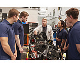   Engine, Apprentice, Explaining, Mechanic, Training manager, Composition, Company
