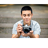   Teenager, Lächeln, Fotografieren, Analog, Fotokamera